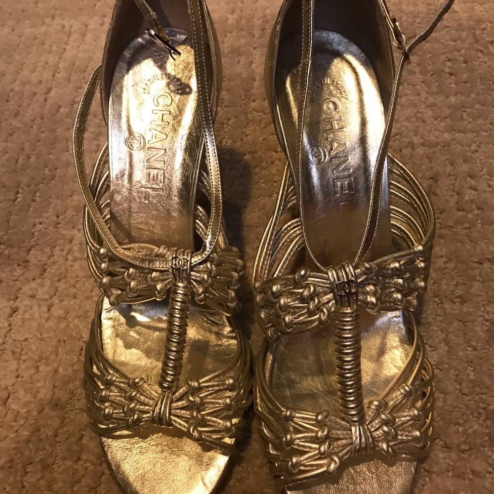 Chanel Gold Metallic Strappy Heels